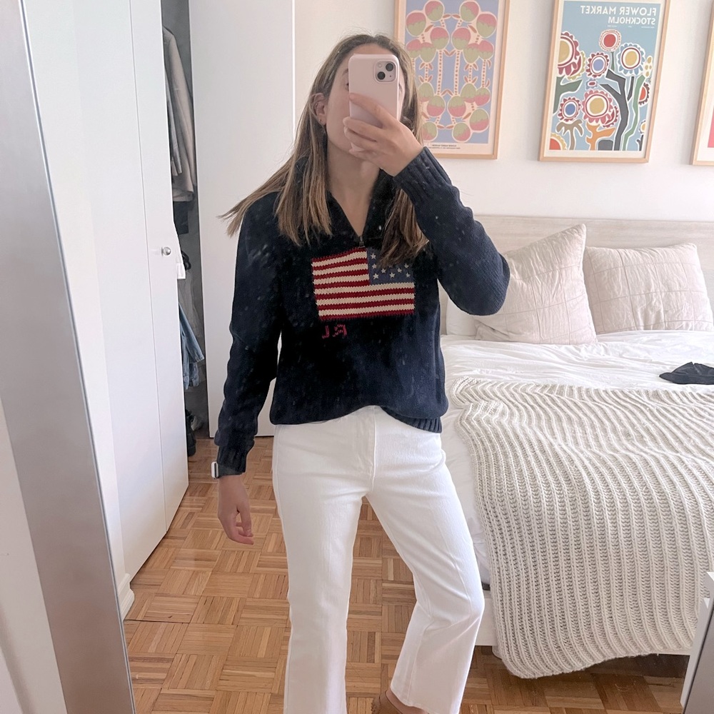 Polo Ralph Lauren American Flag Half Zip Knit Sweater Hunter Navy